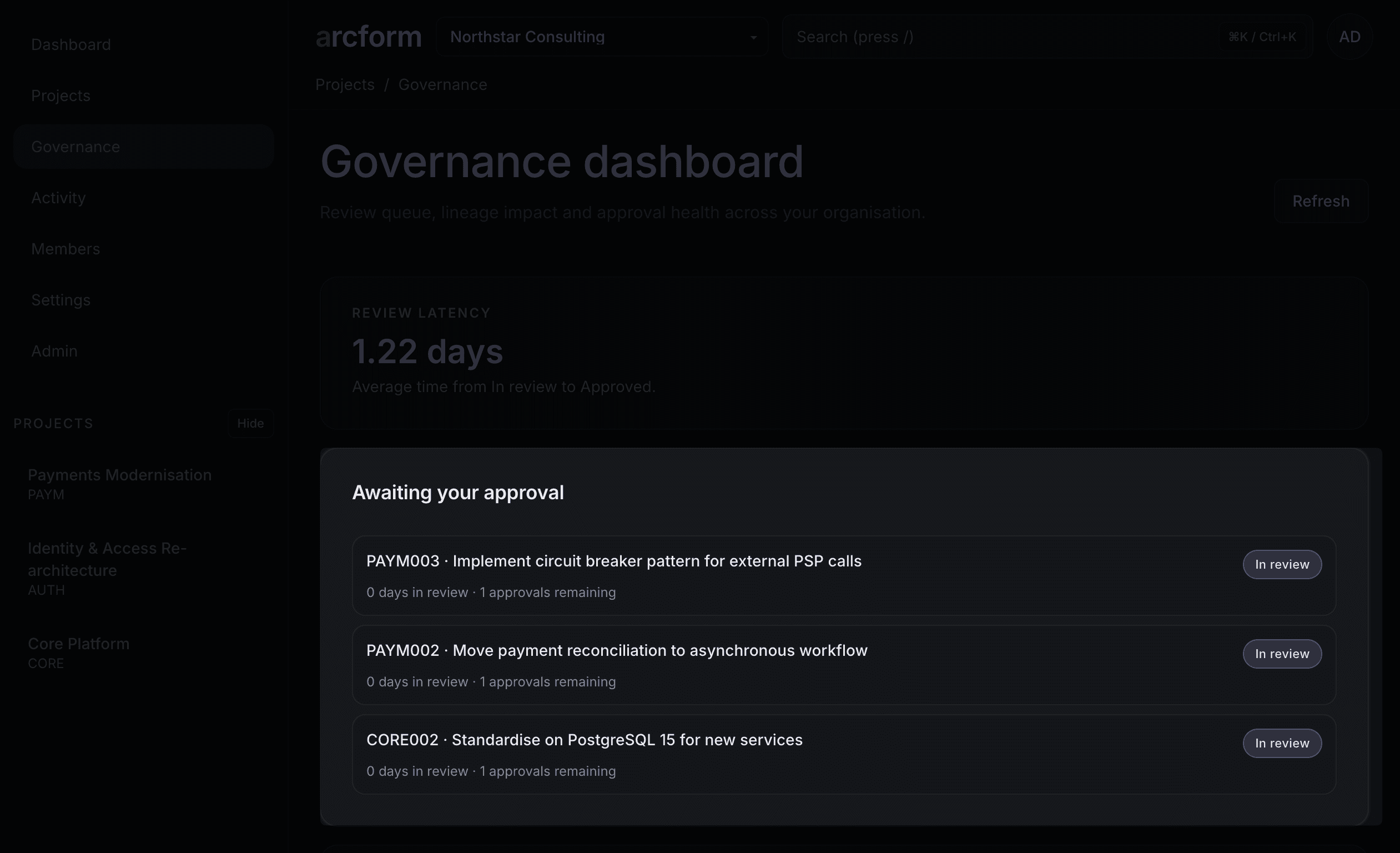 Awaiting your approval queue card highlighted (dark mode)