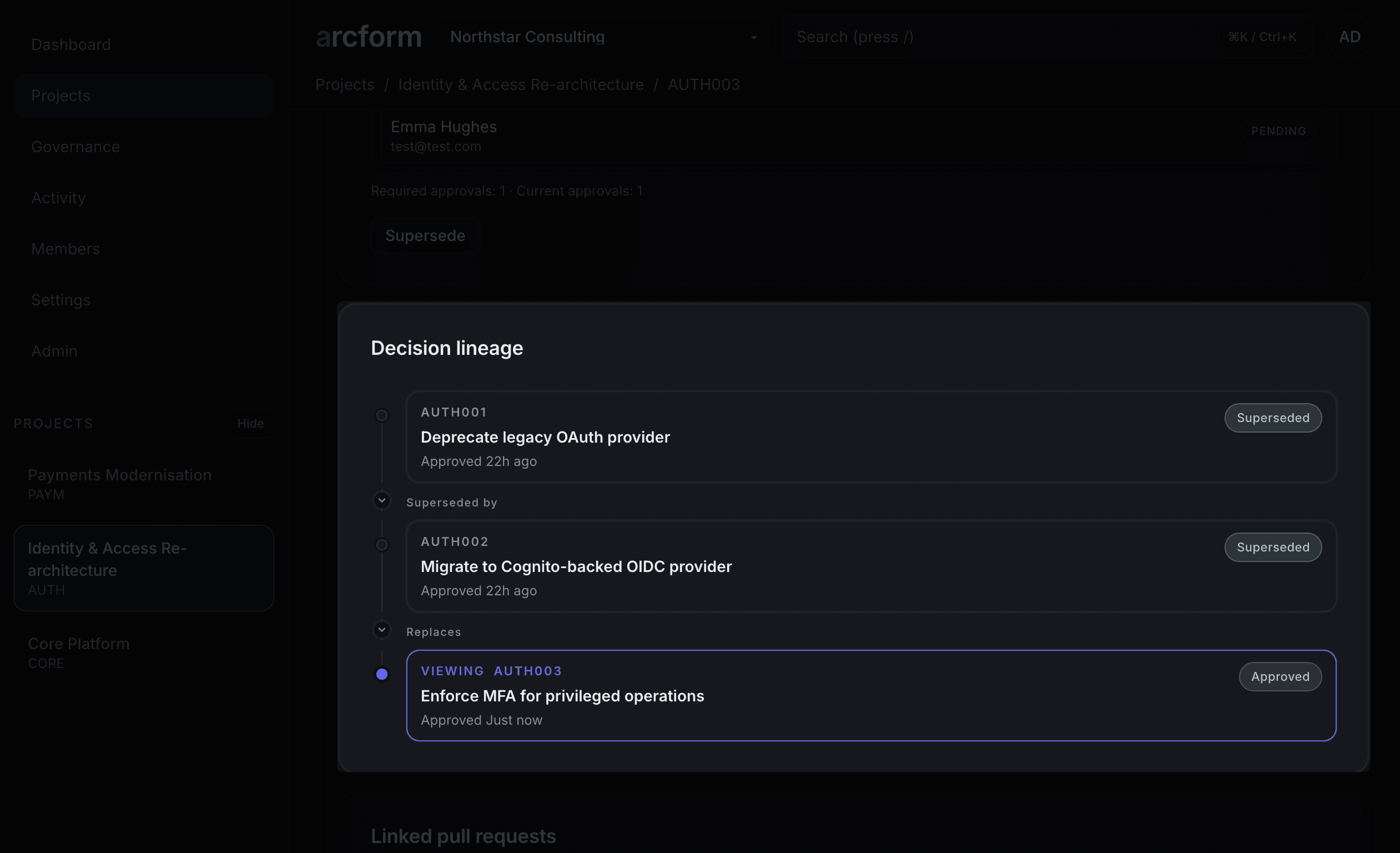 Decision lineage showing supersession chain (dark mode)