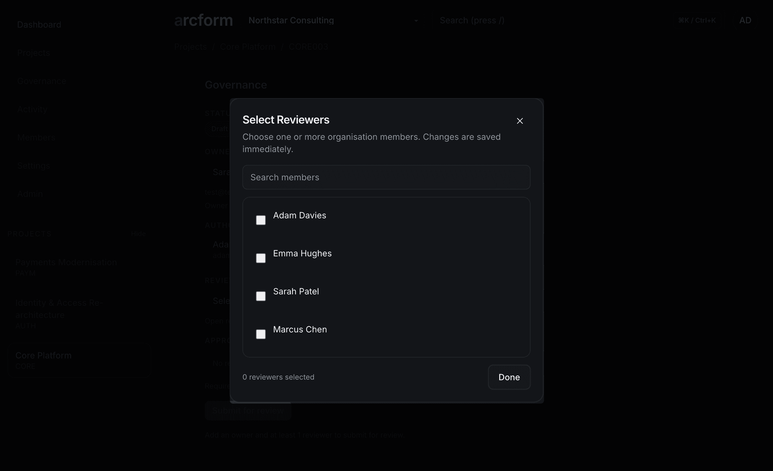Required reviewers configuration and decision review controls (dark mode)